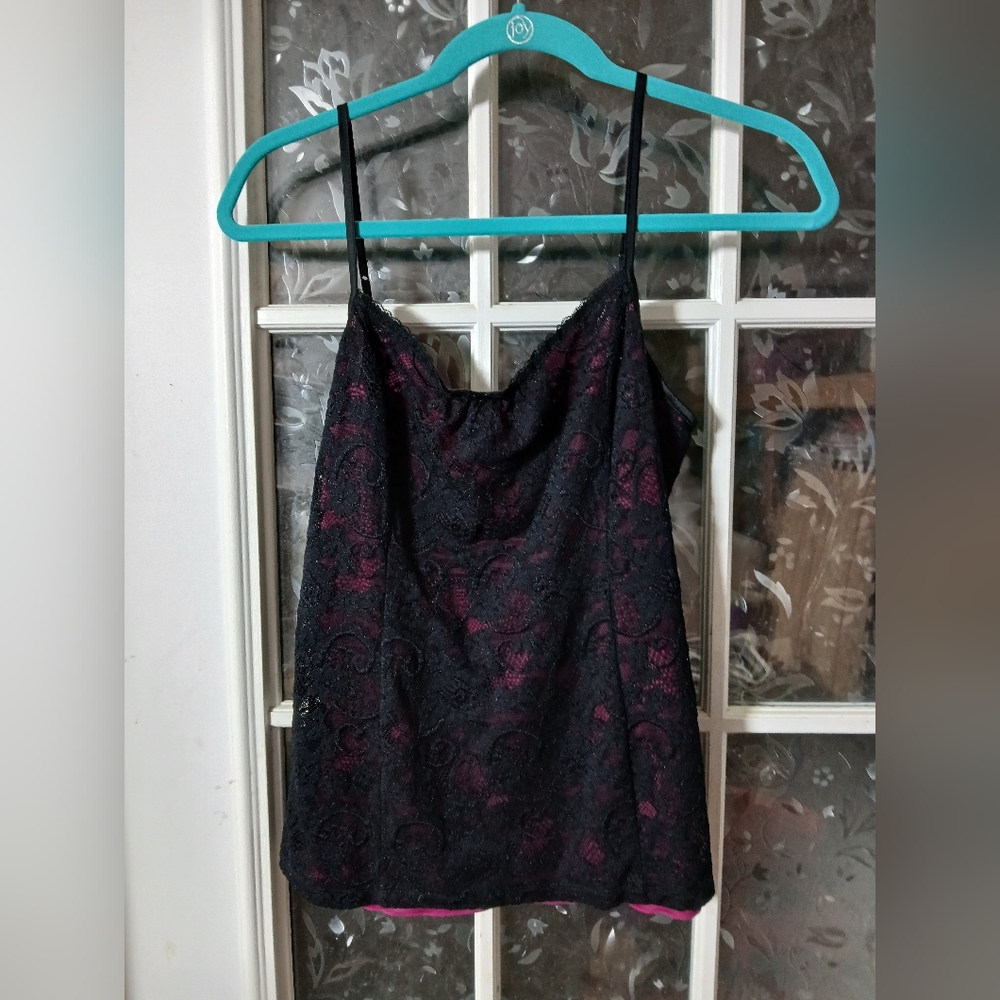Express Camisole Pink with Black Lace Overlay Size Small Y2K Stretch Goth Core